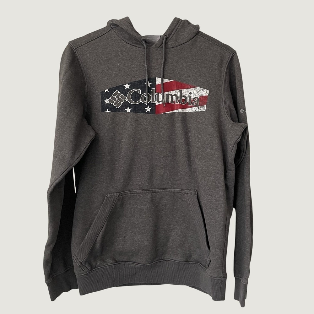 Columbia Mens Gray American Flag Graphic Hoodie Fleece Pullover XS XM0399